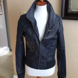Navy Blue Faux Leather Jacket
